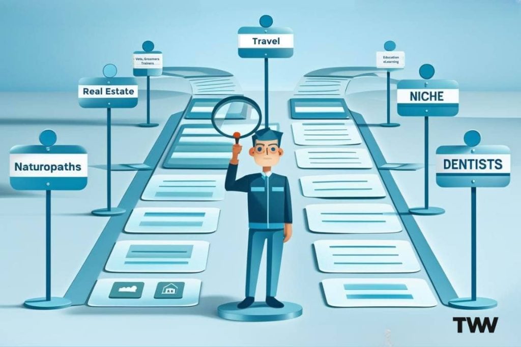A flat-style digital illustration showing a magnified profile of a target niche in web development. The focus is on one niche, displayed in Muted Sky Blue (#5AB0D6), with labels like "Health," "Real Estate," and "Dentistry," and arrows indicating the selection process. Background in Calm Cyan Blue (#A6D7E7), with Soft Off-White (#EAF5F9) task cards and Cool Grey (#C6D9E4) outlining UI elements.