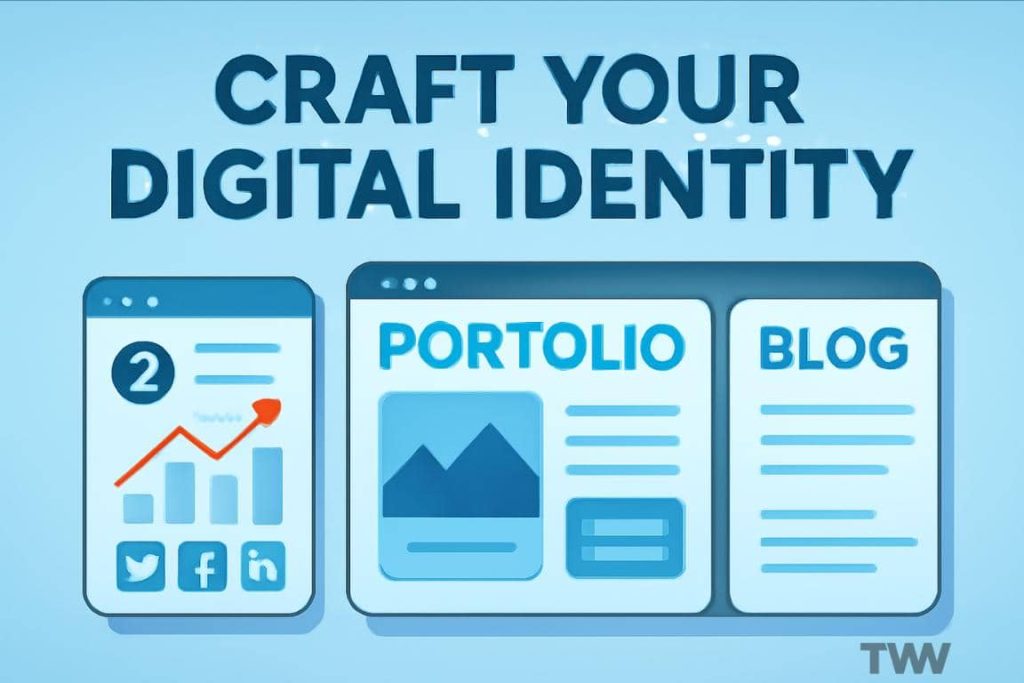 A minimalist digital workspace showing three panels labeled Social Media, Portfolio, and Blog. Each panel features sleek, modern design elements, including graphs, icons, and images. The design emphasizes building a personal brand online with a focus on simplicity.