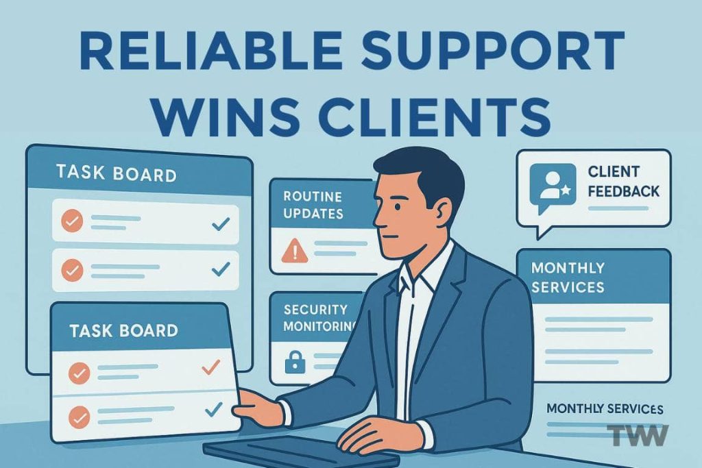 A professional web developer managing ongoing maintenance tasks and client support using a modern digital interface, showcasing task boards, updates, and alerts in a calm, professional environment.