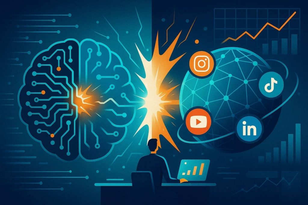 A wide 2:1 modern flat-style illustration showing AI and social media merging. On the left, a glowing circuit-based AI brain processes data streams. On the right, social media icons orbit a connected globe. In the center, bright turquoise and orange digital energy fuses them together. Background is soft #97dbec with deep navy blue headings, orange progress graphics, and crisp white accents.