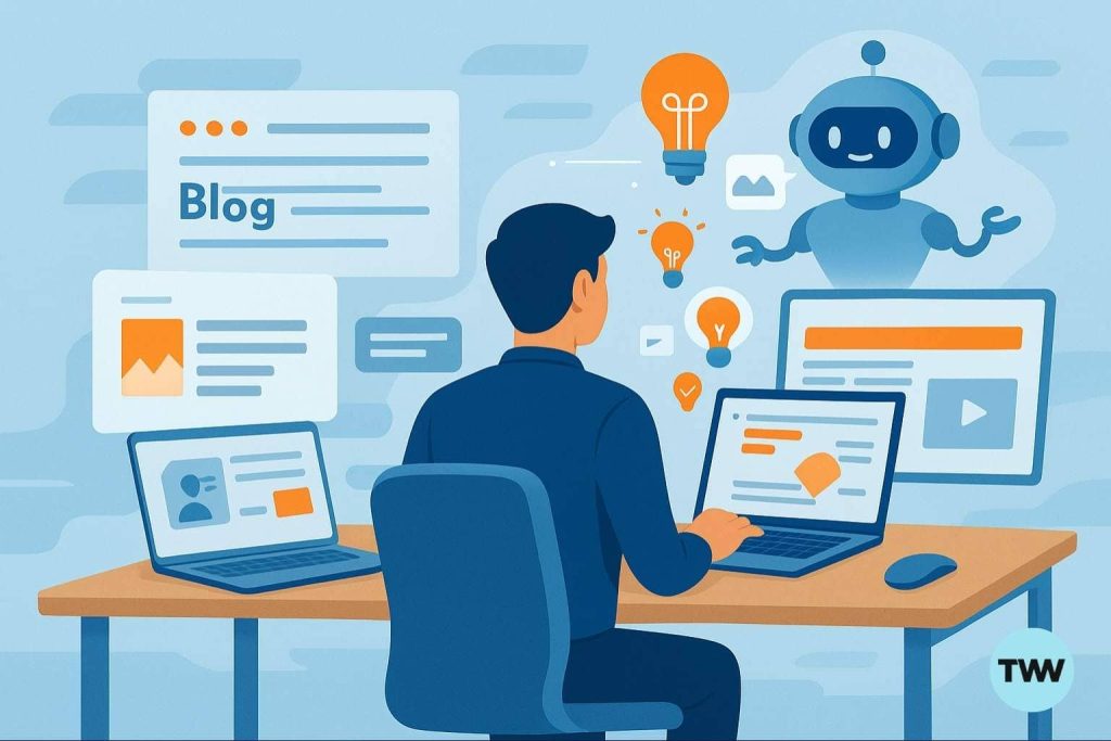 Flat-style digital illustration of a content creator at a desk working on multiple AI-assisted tasks. Floating screens display blog articles in progress, social media posts being designed, and video editing timelines. A friendly holographic AI robot projects bright orange idea lightbulbs, symbolizing creativity and efficiency. The scene is set against a light blue background with soft gray tones, conveying a calm yet productive workspace atmosphere.