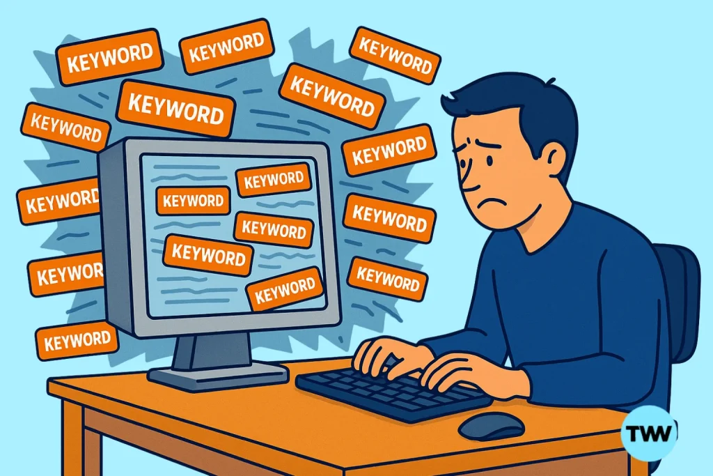 Frustrated webmaster at an early 2000s computer, overwhelmed by orange “KEYWORD” labels spilling from the screen, symbolizing the early evolution of SEO.