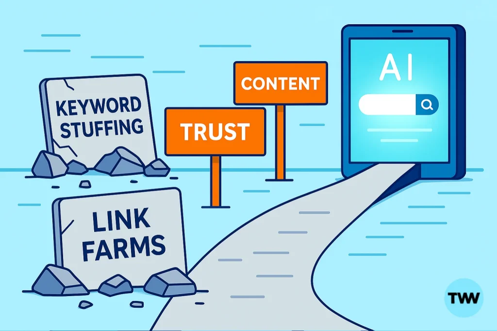 Symbolic path illustration showing the evolution of SEO, from broken signs for keyword stuffing and link farms to glowing signs for content, trust, and UX, leading to an AI-powered search interface.