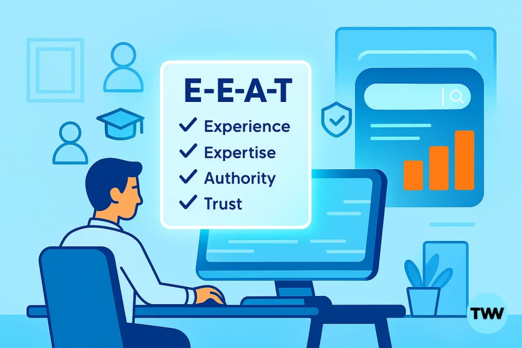 Modern digital workspace illustration showing the evolution of SEO with an E-E-A-T checklist, AI search, and progress bars.