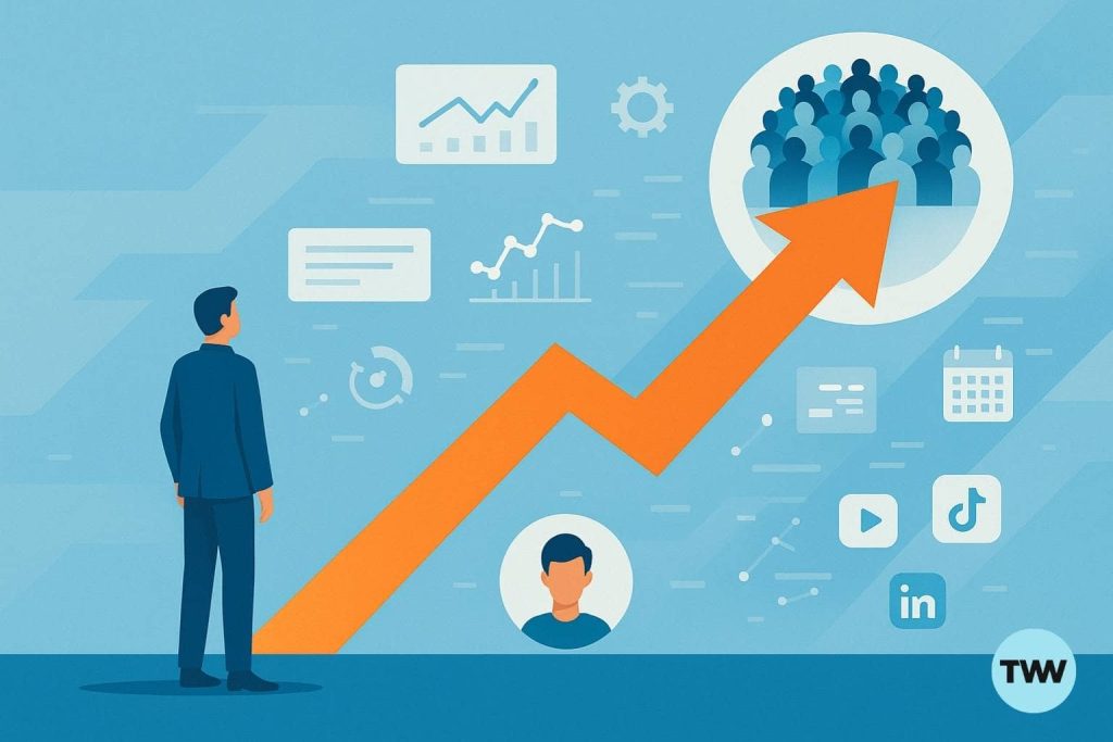 Flat-style digital illustration of social media growth powered by AI. A confident figure in a navy suit stands on the left, looking up at a bright orange arrow rising from a small profile icon at the bottom to a large circle filled with a diverse group of people at the top. Along the arrow’s path, floating icons and visuals include data graphs, scheduling tools, and social media logos for TikTok, YouTube, and LinkedIn. The background blends light blue gradients for trust with subtle navy elements for authority, accented with crisp white highlights on key growth points.