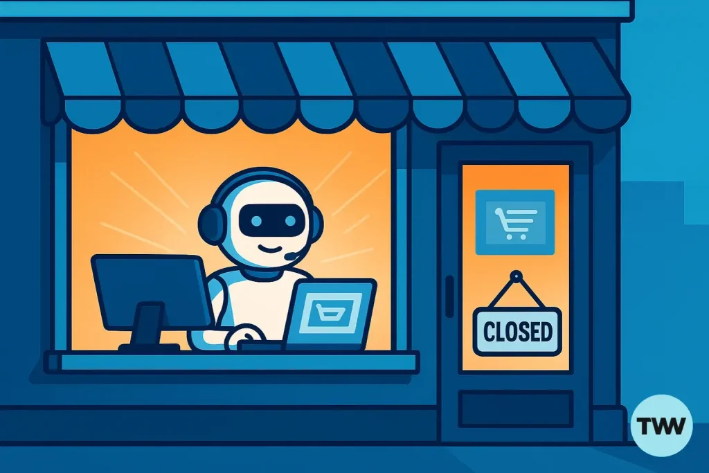 A small business storefront at dusk with a glowing AI bot working inside, symbolizing automation continuing after hours.