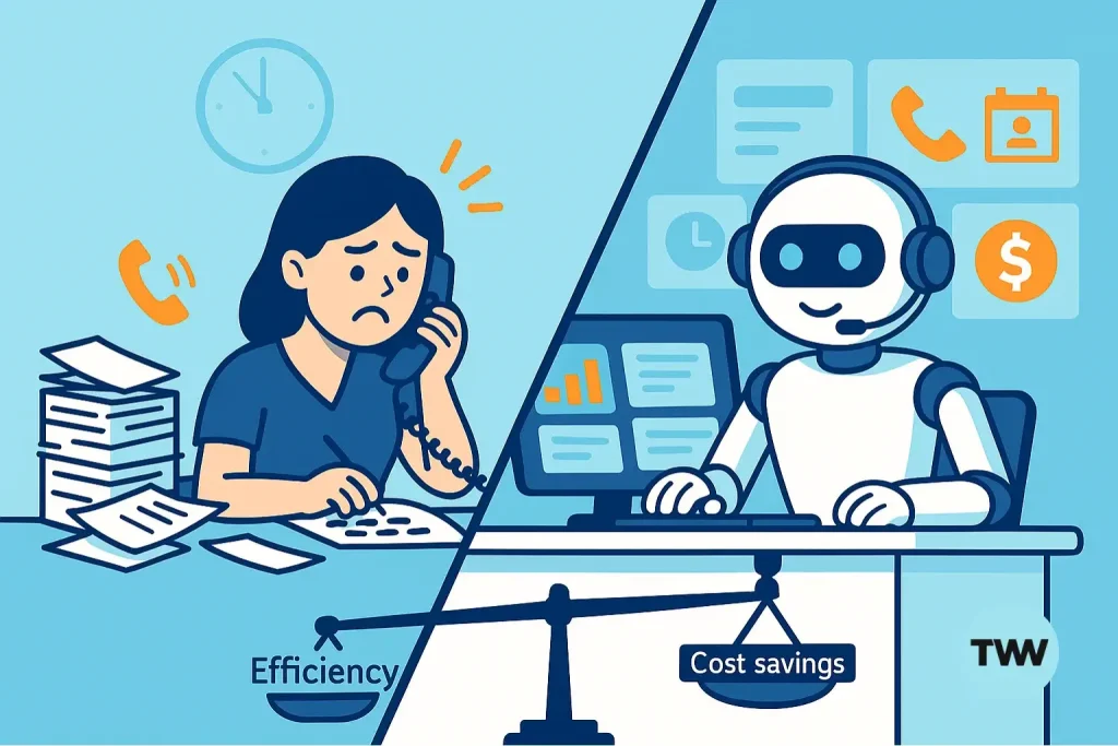 Prompt:
A diagonal split illustration comparing a stressed human receptionist surrounded by paperwork and ringing phones with a calm AI voice agent managing digital screens efficiently, symbolizing cost savings and automation.