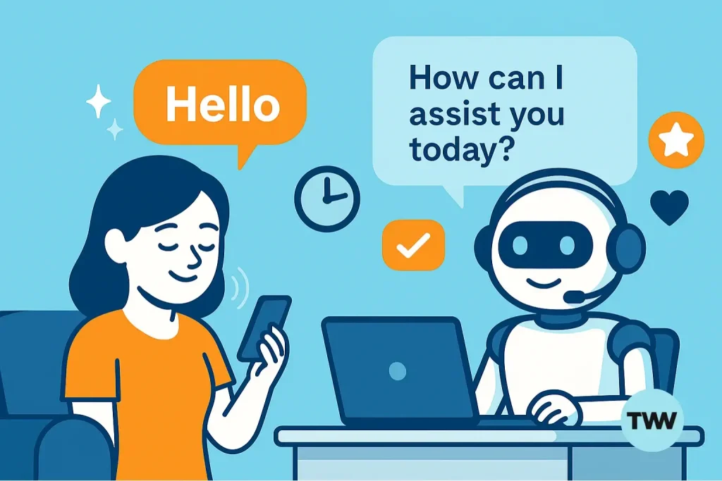 A modern digital illustration showing a friendly AI voice agent assisting customers and connecting small businesses through futuristic glowing networks.