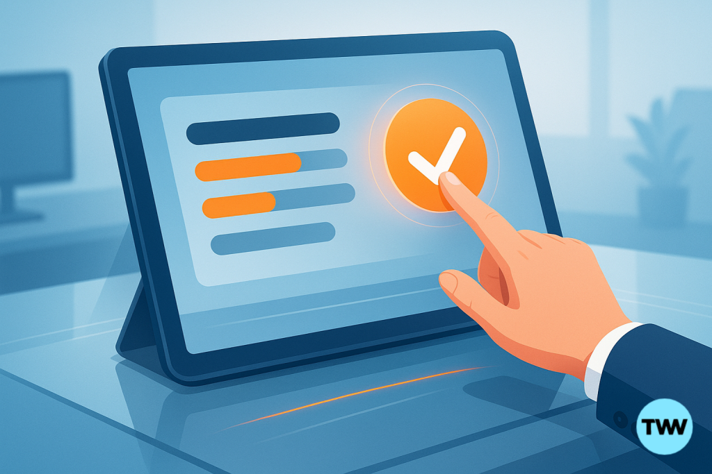 A cinematic flat-vector hybrid illustration shows a designer’s hand pressing an orange approval icon on a sleek, reflective digital interface, with glowing progress bars activating across a deep navy screen.