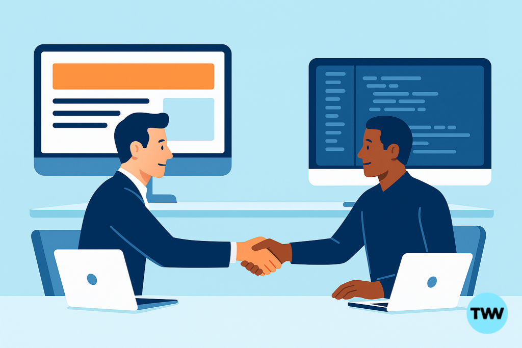 A client and developer shake hands across a modern desk in a clean digital workspace with soft blue tones.