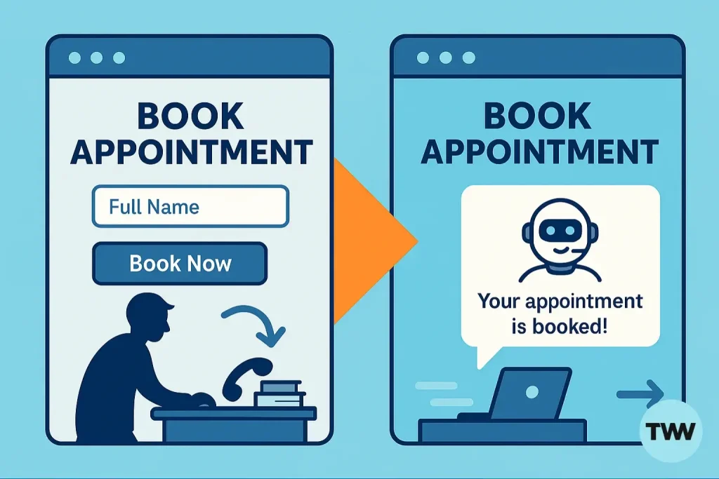 A split website illustration showing a frustrated visitor leaving a long form on the left and an AI chat bubble instantly booking an appointment on the right, symbolizing higher conversions.