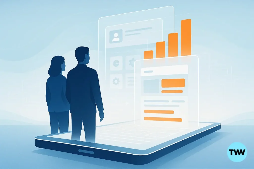 Two professionals stand side-by-side on a glowing floating platform shaped like a web browser tab, surrounded by holographic website layers rising in light, symbolizing unity and digital creation.