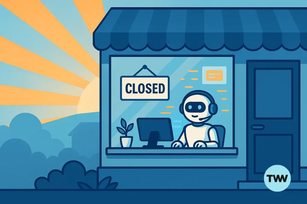 A sunrise view of a small closed shop glowing inside with an AI voice agent at a desk, answering calls as orange and blue light beams radiate outward.