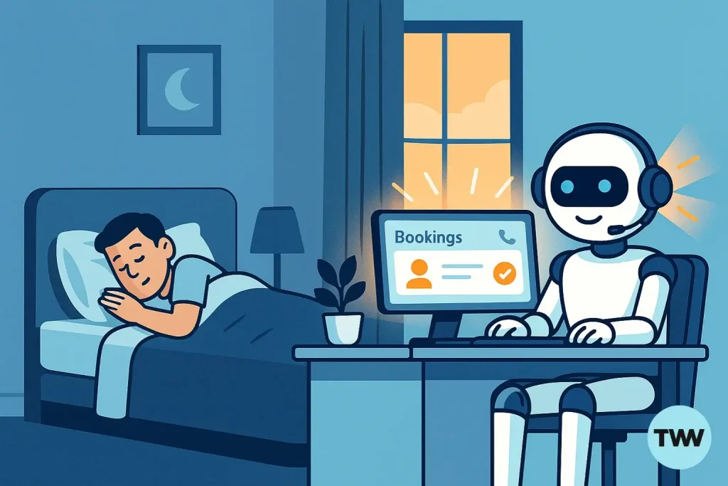 A small business owner sleeps peacefully while an AI bot at a nearby desk handles bookings, symbolizing freedom through automation.