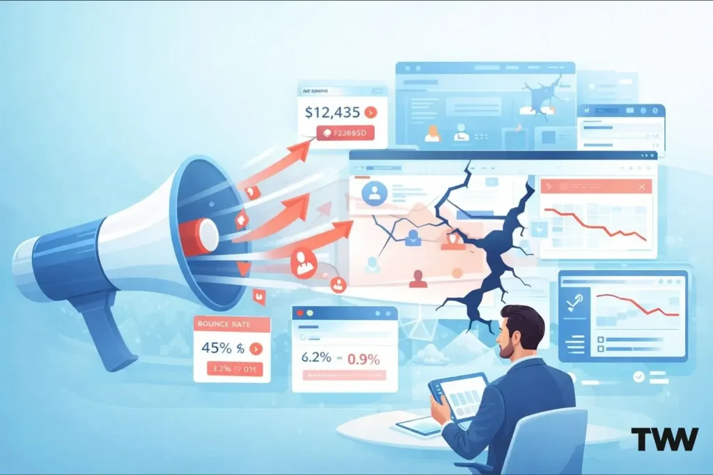 Megaphone blasting paid traffic toward a cracked website while analytics panels show rising ad spend and falling conversions.