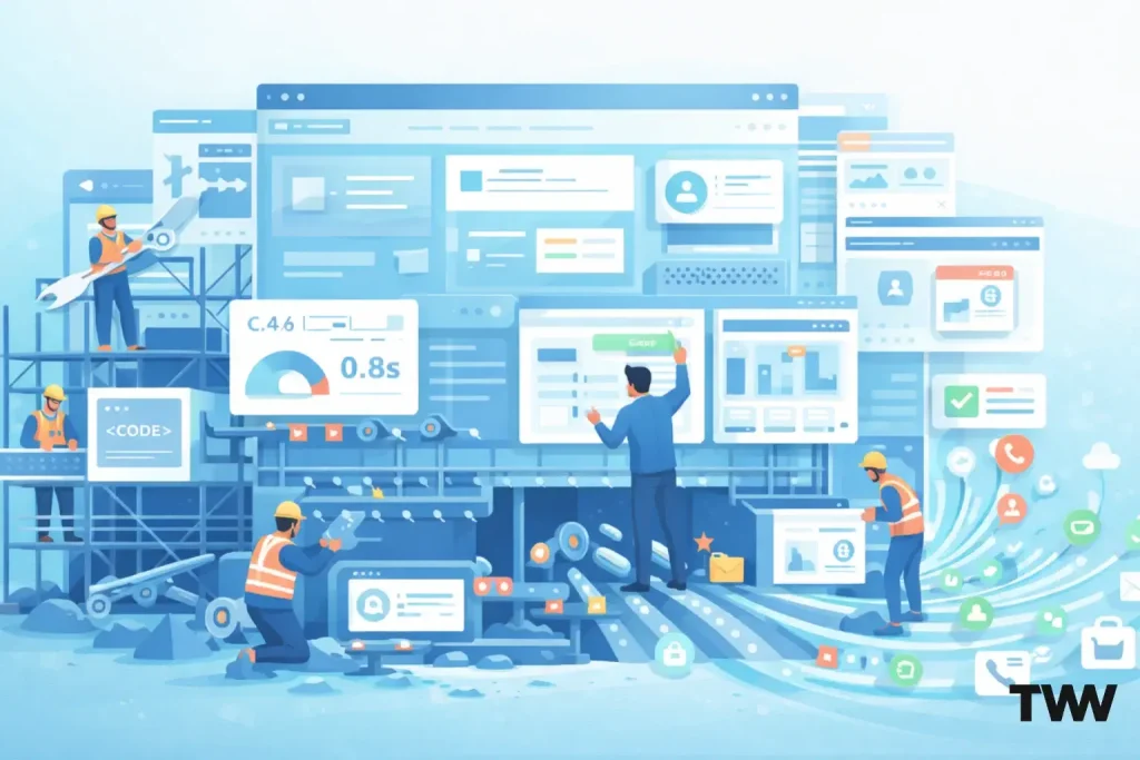 Digital specialists repairing a website like a building foundation while traffic flows into the improved site and converts into leads.